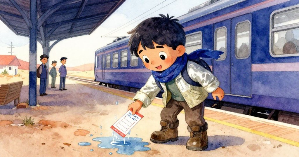 火車進站後，尼可平靜地蹲下撿起濕漉漉的車票，背景人群有序，夕陽斜照，展現冒險後的寧靜與釋然。