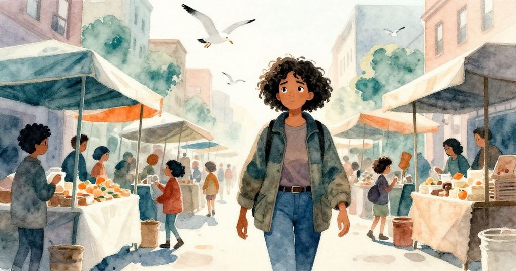 Mira走在熱鬧市集中，背景展示布棚攤位、海鷗盤旋與晨光，氣氛動感溫暖充滿城市風情