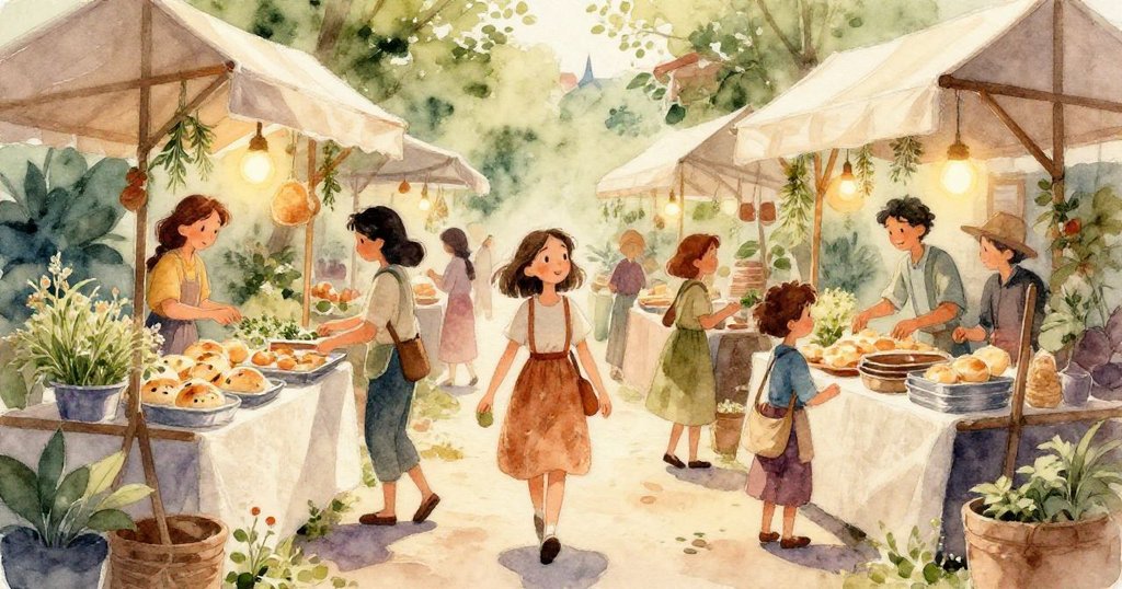 高角度展示熱鬧市集全景，攤販推石榴盤，顧客與攤位互動，雨中燈光柔和流露城市韻味