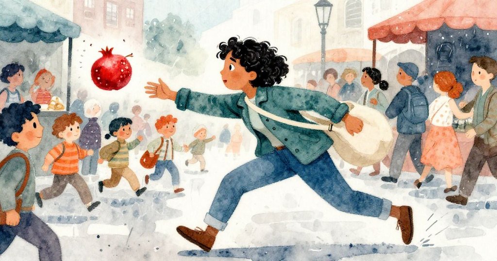 Mira急衝搶抓滾動石榴，布袋繩斷開，人群匆忙中呈現緊迫動態，雨天市集生動展現