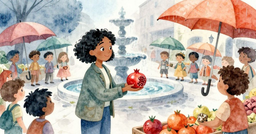 Mira與攤販微笑告別，支付並珍藏石榴與化石，雨中傘圍噴泉旁溫馨離場，情感平和