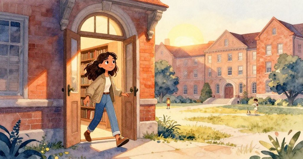 咪拉在黃昏圖書館側門前推門而入，神情堅定，背景落日餘暉映照，展開冒險旅程。