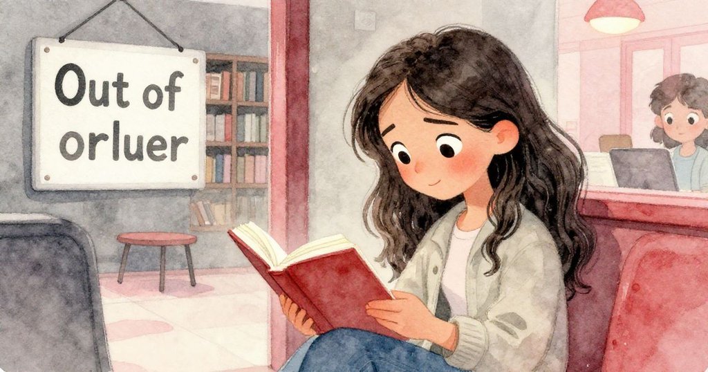 咪拉在昏暗大廳靠近電梯時仔細查看搖爛告示，臉上流露好奇與擔憂之情，溫和燈光映照出細緻神情。