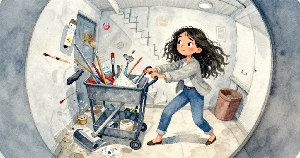 咪拉在狹窄樓梯中扭身避開清潔工具，攝影包被勾住，混亂中透露一絲滑稽和輕微緊張的氛圍。