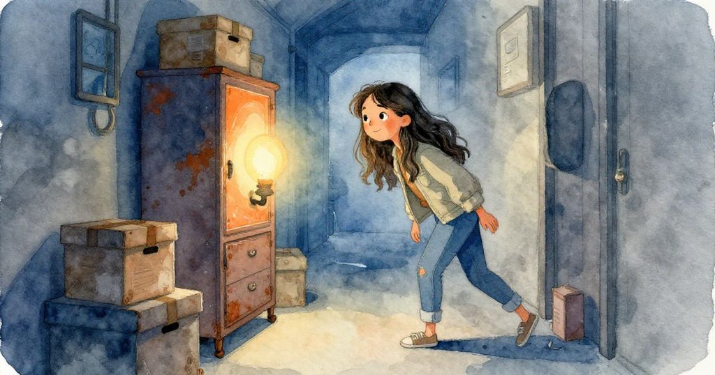 咪拉於昏暗走廊中發現一櫃生鏽的櫥櫃，周圍疊著紙箱，單盞燈散發夢幻光芒，神秘氣氛濃厚。