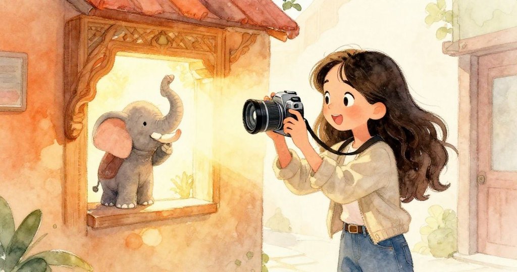 咪拉在金色走廊中滿意地以相機對焦，藏於小象下的老照片映入眼簾，夕陽照亮溫暖結局，充滿喜悅與成就感。