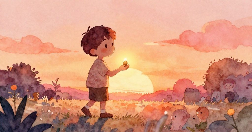 Leo走進庭院，夕陽下手持閃光種子，剪影呈現出充滿希望與期待的故事開端