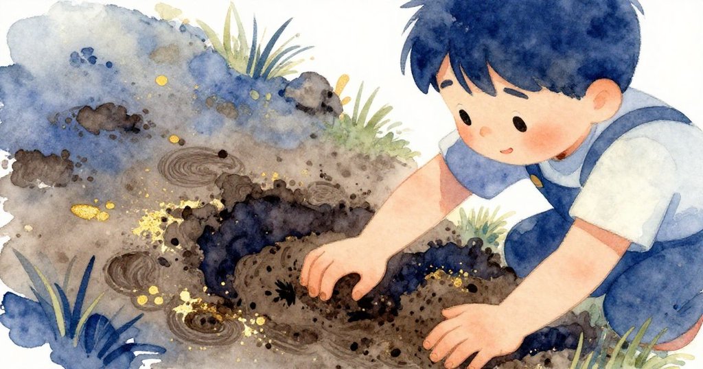 Leo蹲在草地上挖泥土，專注地處理著小種子，體現出細膩而溫暖的自然情景