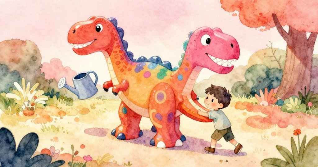 Leo從高處俯視庭院，努力推動阻擋澆水壺的玩具暴龍，面露堅定與疑惑