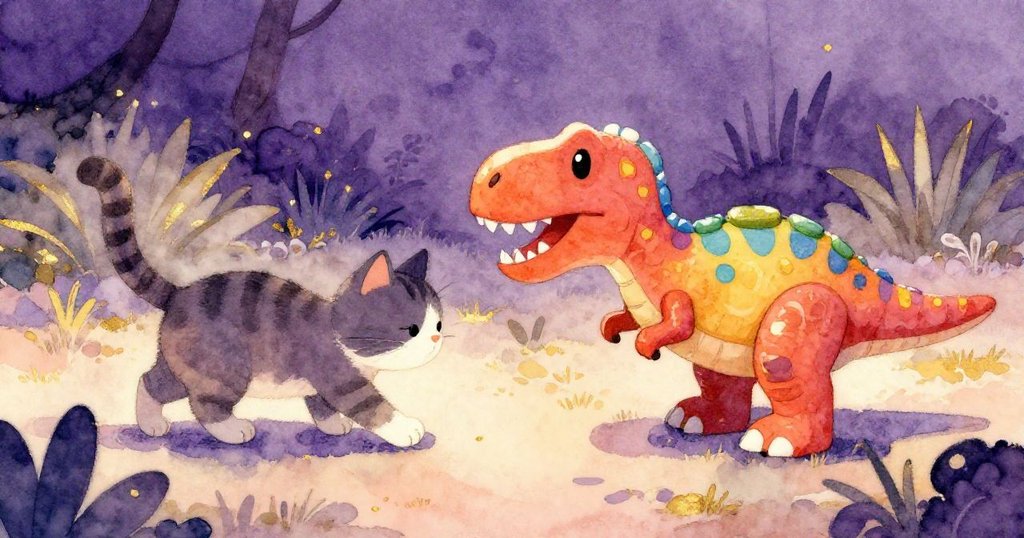 貓咪溫柔靠近庭院中的玩具暴龍，用尾巴輕觸它，展現出和諧與柔情的美好時刻