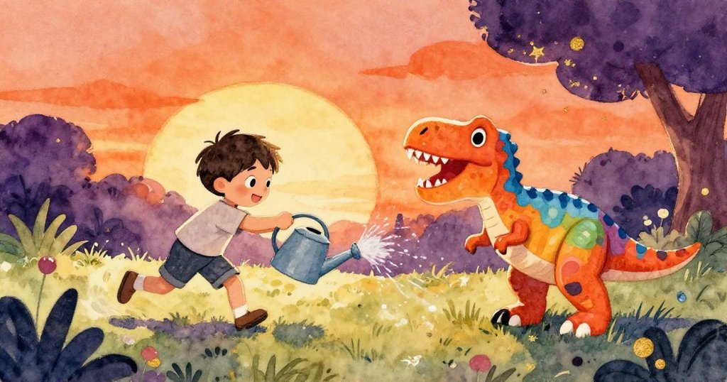 強風吹拂庭院，Leo迅速推動澆水壺，伴隨著玩具暴龍傾斜的動感場面，充滿活力