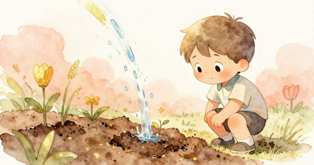 最後，水滴灑落在新挖的泥土上，Leo靜靜看著種子沉入土中，庭院恢復寧靜與希望