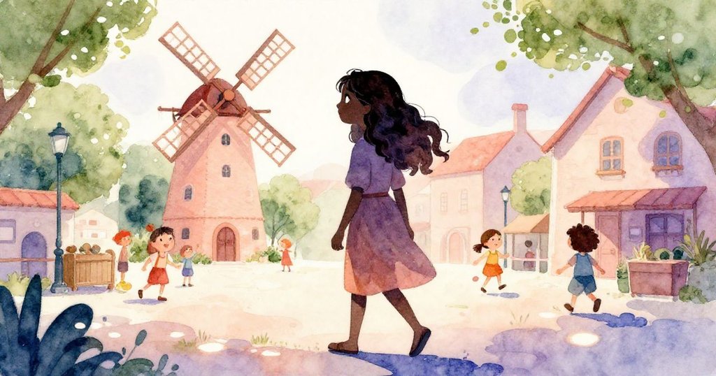 瑪拉走進鎮廣場，背景有風車、玩耍孩童與石板小路，陽光灑下斑駁光影，充滿探索期待。