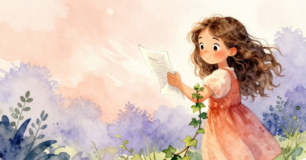 瑪拉緊握畫冊，風吹翻頁，纏繞的常春藤意外牽住腳踝，她神情驚訝中流露堅定。