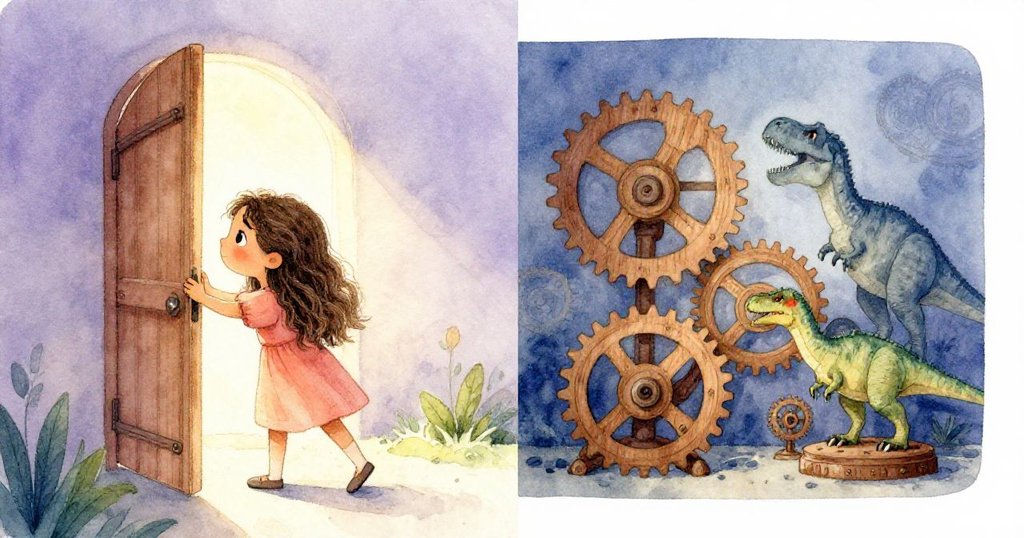 瑪拉推開古塔狹門，一側呈現溫暖外景，另一側透視內部齒輪與金屬模型，營造探秘奇幻氛圍。