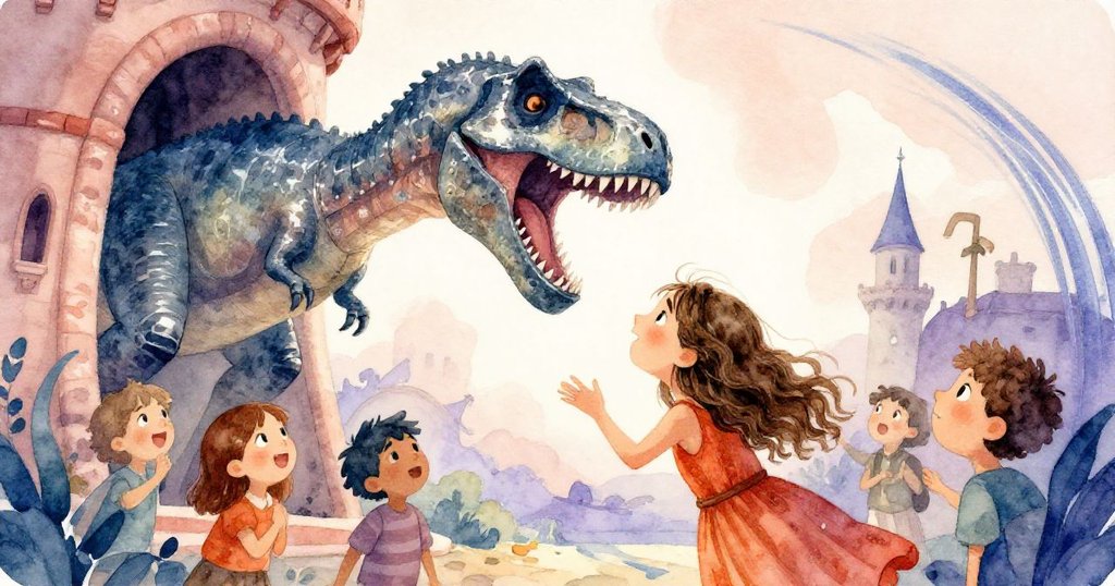 瑪拉與訪客驚嘆於塔內金屬暴龍低首、蛇怪張口的瞬間，動感光影襯出奇幻與激動力量。