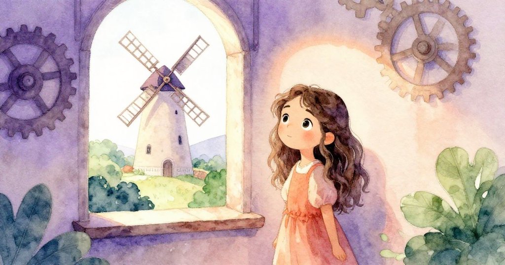 瑪拉在塔內靜觀齒輪歇止，訪客悄然散去，窗外風車低懸，整體氛圍安然平和。
