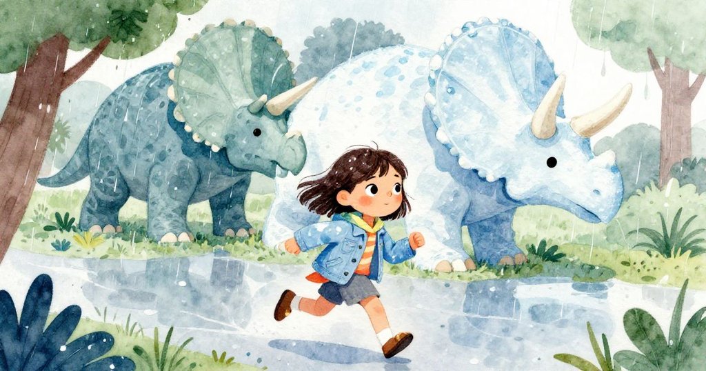 莉娜在雨後閃亮公園急奔，雨水沾濕樹葉與積水反射灰空，她手持相機表情堅定，背景有巨大三角龍雕像