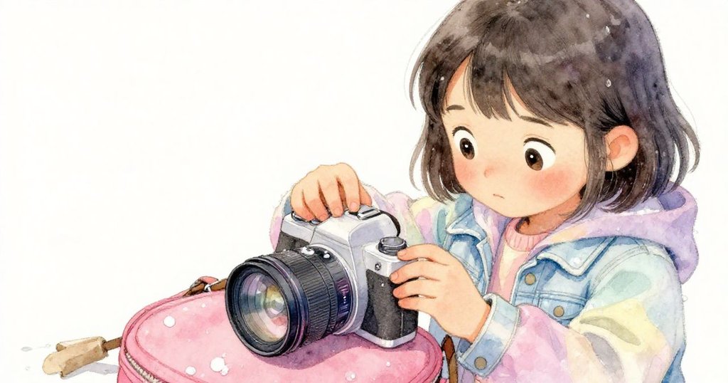 莉娜打開相機包細心檢查相機，用袖子擦拭鏡頭上雨滴，神情專注期待