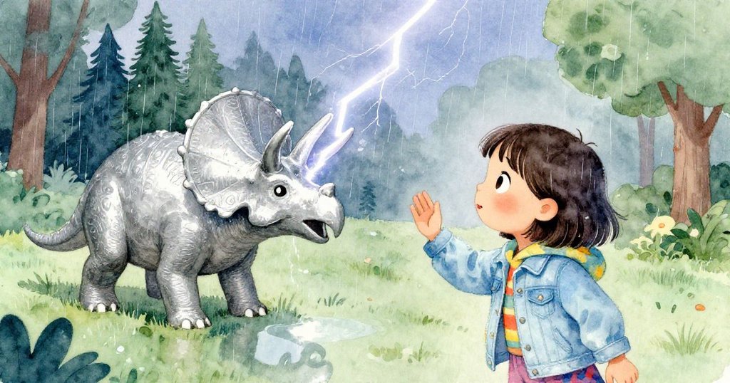 莉娜按下快門捕捉閃電照亮三角龍雕像瞬間，雨滴映照銀光，她驚訝表情與雕像細節同現