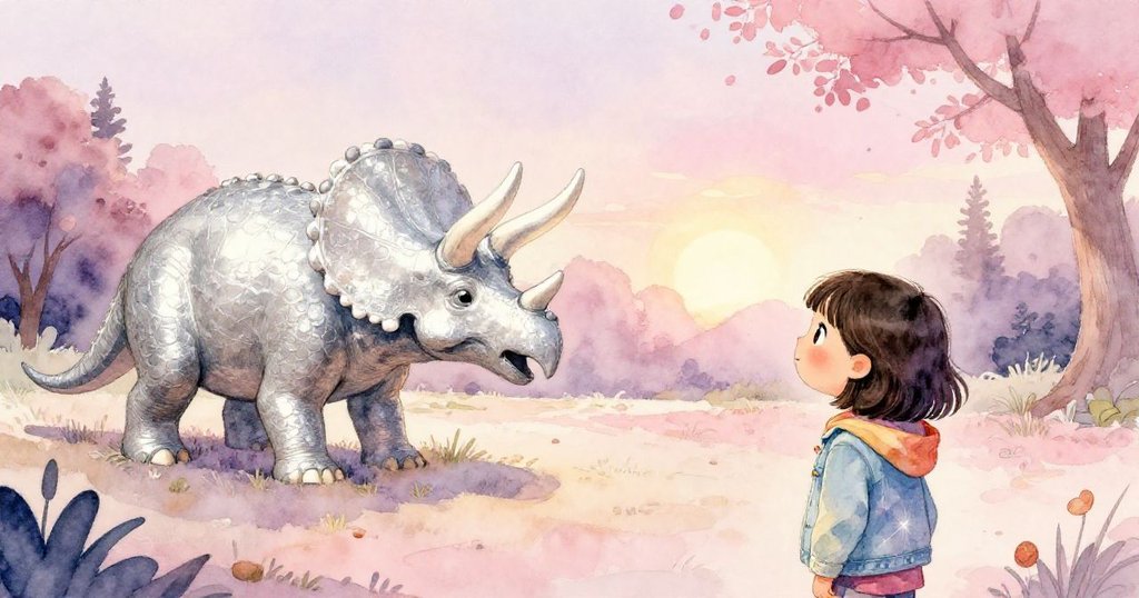 黃昏時分，金色光芒映照出三角龍雕像的銀光，莉娜遠望該雕像，流露驚嘆與沉思之情