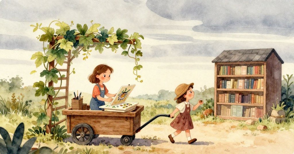 伊瑪精心創作的畫作特寫，畫中熱情果藤纏繞木框，筆觸細膩，象徵努力與希望，充滿生動色彩。