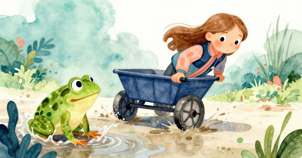 從小生物視角觀察，伊瑪推車時輪子激起泥濘與水花，一隻青蛙好奇凝視，現場充滿活力與自然趣味。