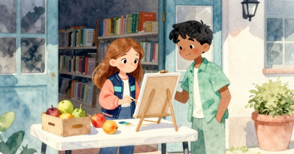 伊瑪與路易斯在圖書館前協力穩放畫作，臨時桌旁擺放果箱，午後溫暖光線中洋溢著互助與善意。