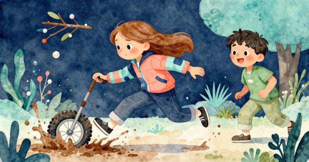 路易斯敏捷地用樹枝勾起卡車輪子，泥濘四濺，伊瑪既緊張又歡笑，場面動感十足。