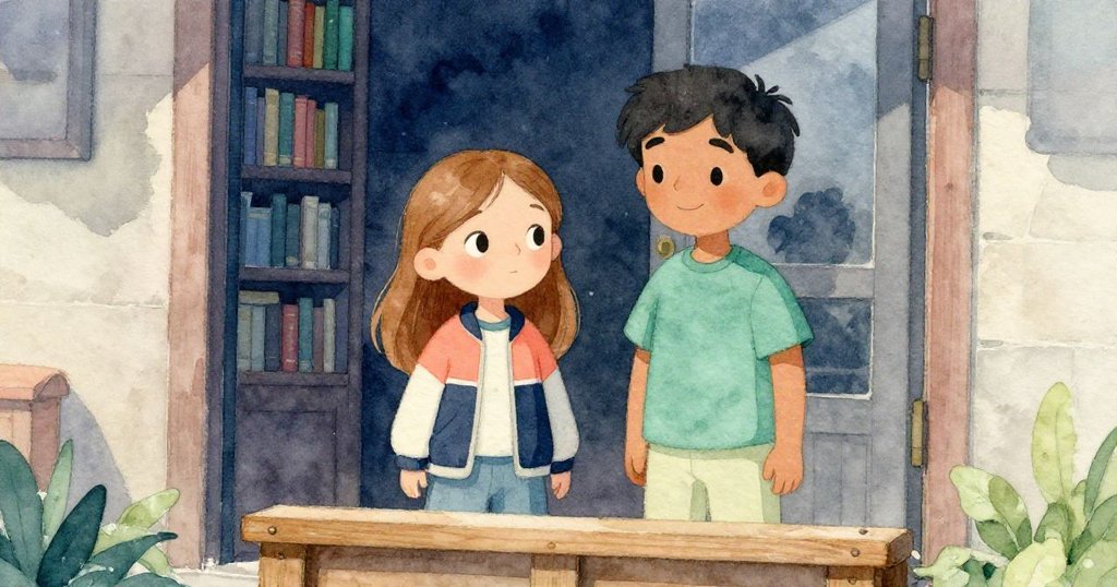 最終，伊瑪與路易斯在圖書館前平靜站立，畫作安全立於木箱上，臉上流露滿足與安慰，午後光線柔和。