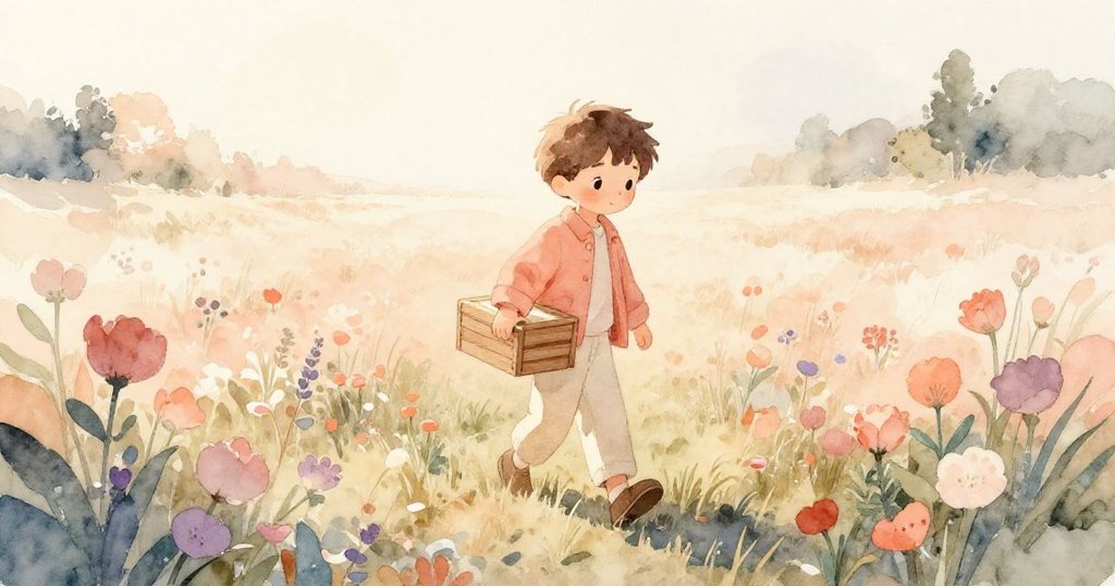 在黎明柔和曙光中,Lucas提著木箱步入綻放的原野,背景呈現溫暖粉彩與自然景致,充滿希望與開始。