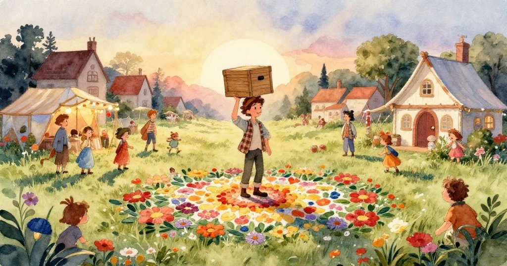 Lucas專注地用手灑下粉筆灰,在露水覆蓋的草地上描繪螺旋圖案,晨光映照出柔和質感。