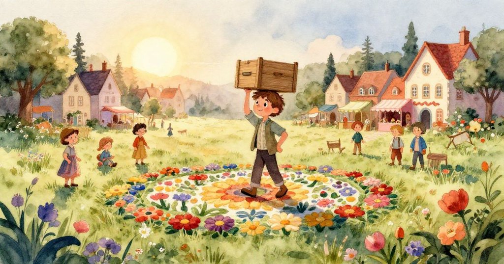 好奇的綿羊輕碰排列整齊的鵝卵石設計,微風拂過原野,Lucas在旁觀看,臉上洋溢著驚訝與笑意。