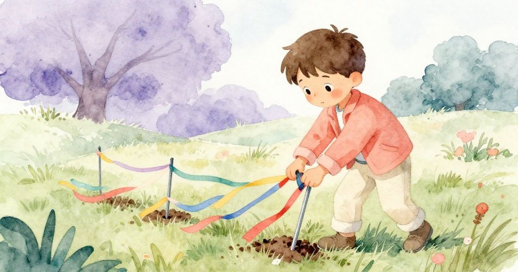 Lucas專注地將金屬釘敲入泥土,並巧妙穿插彩帶,面帶堅毅之情,彩色絲帶在午後陽光中閃耀出迷人光芒。