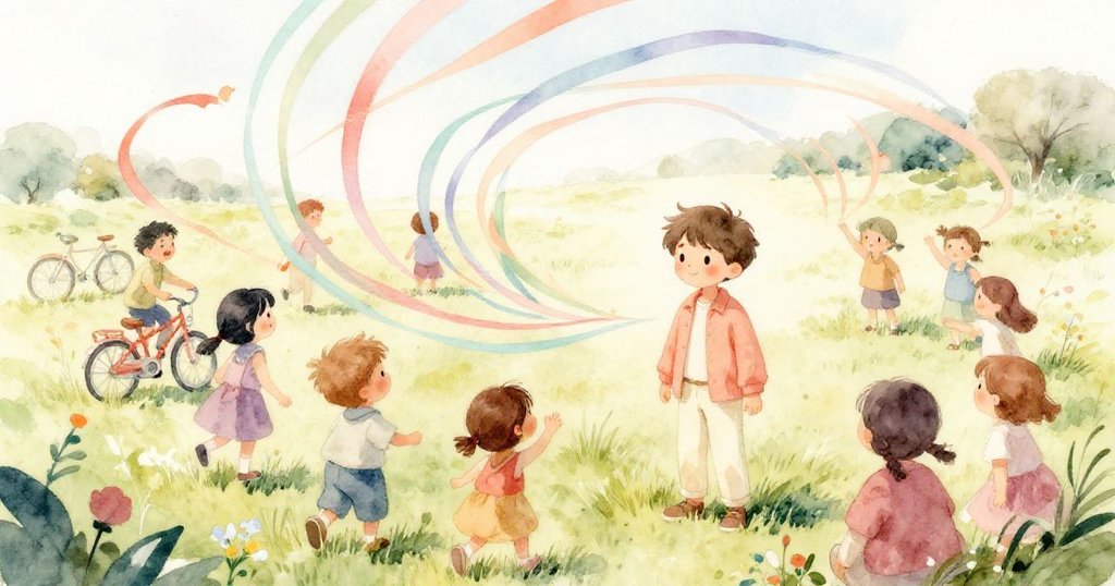 孩子們在快樂的笑聲中騎著自行車加入Lucas的彩帶螺旋,整個原野因歡聲笑語與多彩絲帶而煥發生機。