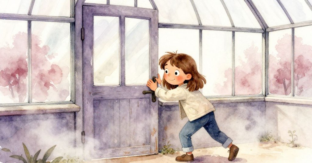 Briar 推動陳舊厚重的玻璃溫室大門,塵埃飛揚,屋內陳舊痕跡明顯,展現探險中的專注神情。