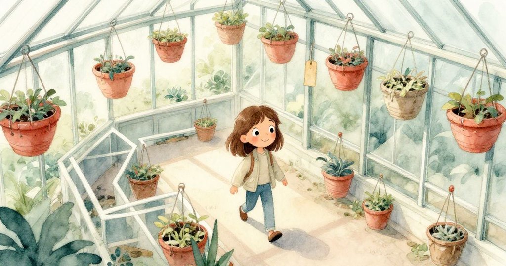 Briar 從俯視角度穿過懸掛籃子與褪色標籤組成的迷宮,步步小心,環境充滿歷史痕跡與柔和光影。