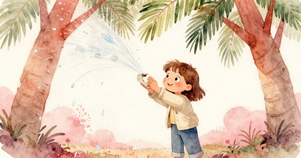 Briar 在廣闊棕櫚樹下用夾克包覆濕透筆記本,躲避噴灑水珠,神情中帶著回憶與略許憂慮。