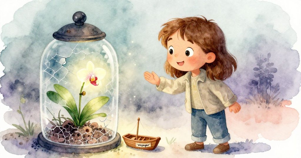 Briar 在玻璃溫室隱蔽角落發現裂紋溫室內發光的蘭花花苞及印有 'voyager' 的小木船,滿臉驚喜與喜悅。