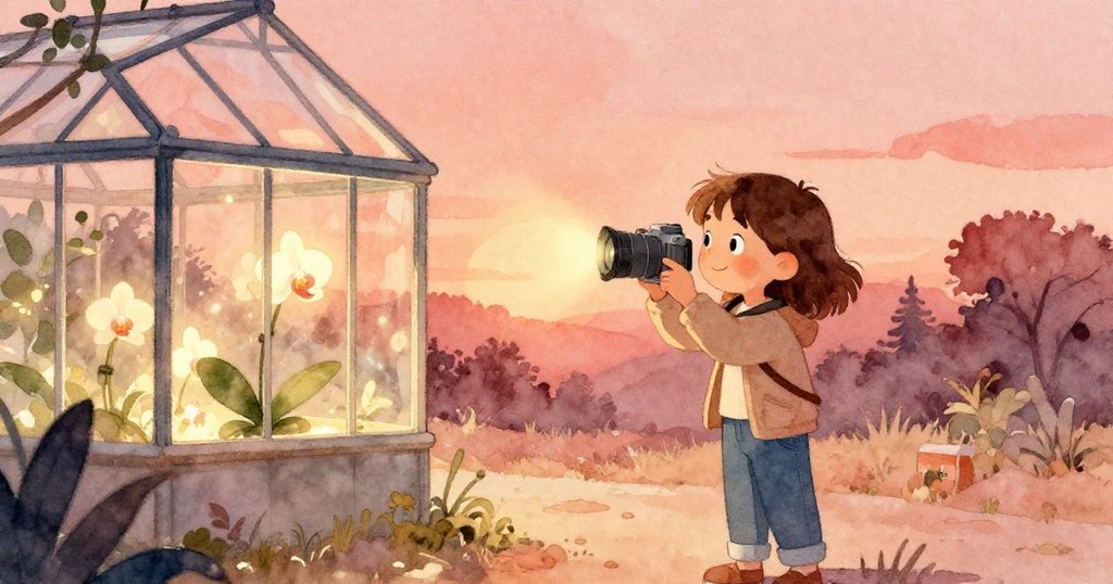 Briar 在夕陽金光中調整相機捕捉發光蘭花,玻璃溫室內溫暖光芒瀰漫,氛圍魔幻而充滿寧靜喜悅。