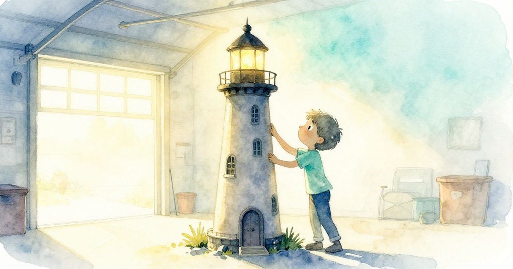 Milo在明亮清晨中於車庫工作，身影剪影映襯出回收材料堆疊，呈現出創作起始的堅定與期待。