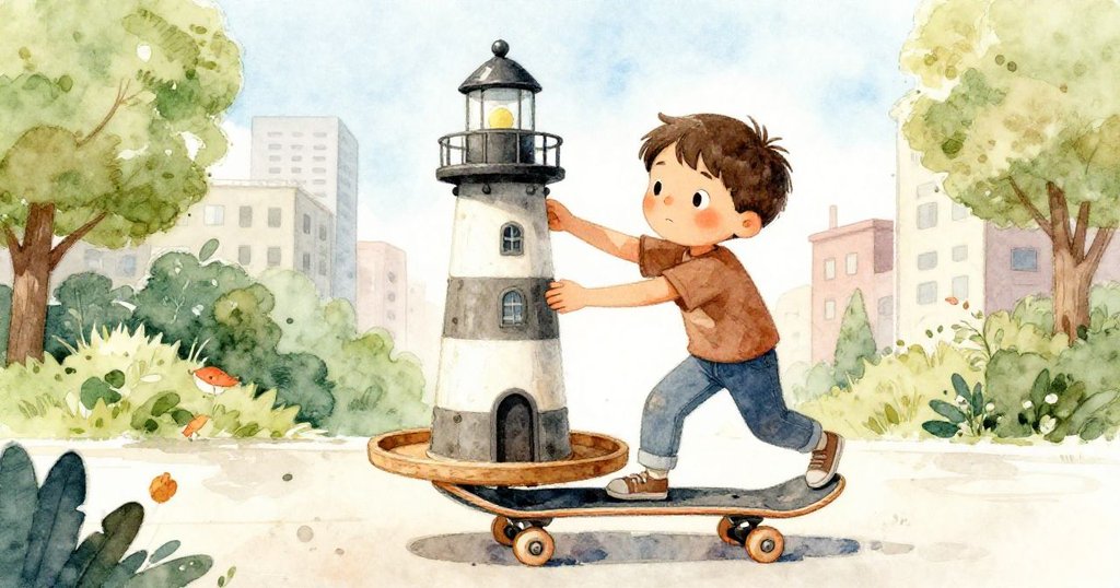 Milo踩著滑板運送高聳燈塔，雙腳穩健，展現出迅速前往展覽中心的決心與活力。