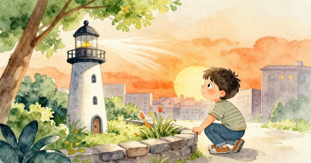 Milo蹲在花園牆後緊張注視搖晃的燈塔，背景樹枝隨風擺動，展現出風起雲湧的緊迫氛圍。