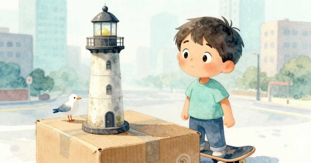 Milo迅速將搖晃的燈塔滑入紙箱中，紙箱半透明中露出塑料小鳥，展現冷靜應對風暴的瞬間。