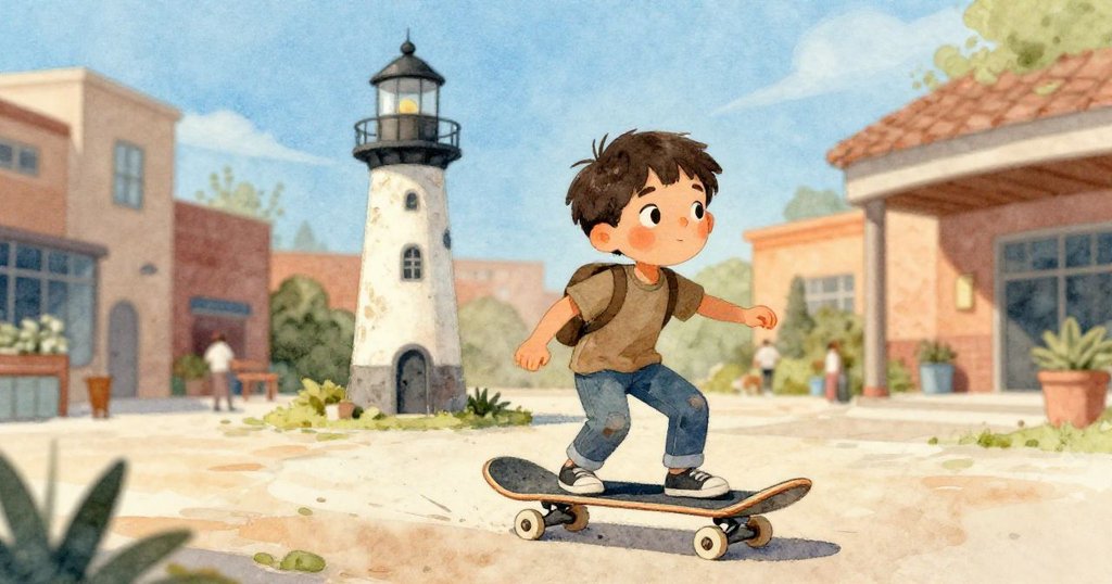 Milo騎著滑板急速穿越庭院，面帶緊張決心，背景明亮模糊中顯示展覽中心，展現截止前的緊迫行動。