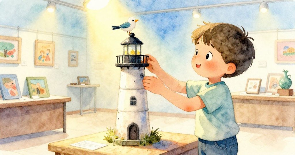 Milo在展覽中心展示完成的回收燈塔，溫柔將塑料小鳥按回原位，臉上滿是喜悅與釋放，象徵創作圓滿。