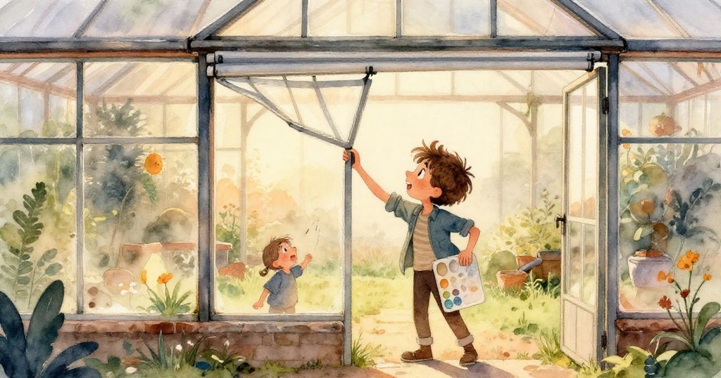 Theo 小心打開顏料罐，手部細節展現金屬質感及水滴閃爍，溫室中柔光映襯出顏色與質感之美。