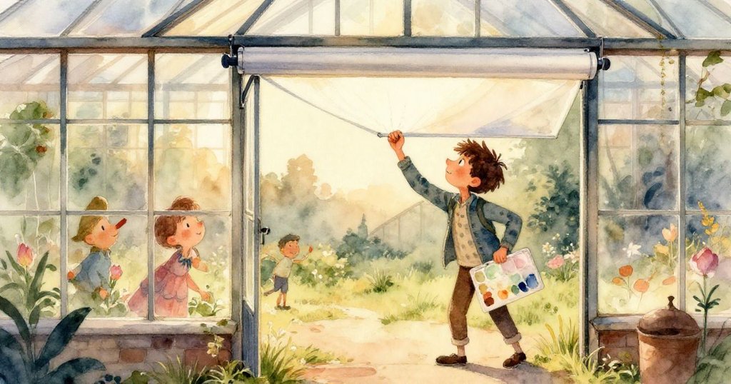 因窗扇發出尖銳聲響，兩隻麻雀自屋簷急飛而起，從小鳥視角看見溫室外熱鬧景致，充滿自然活力。