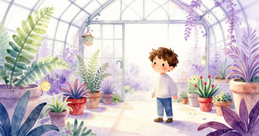 在溫室內，Theo 坐在起居椅上畫畫，四周環繞著邊緣發霓虹光的蕨類及整齊標籤的花盆，散發懷舊與自然之美。