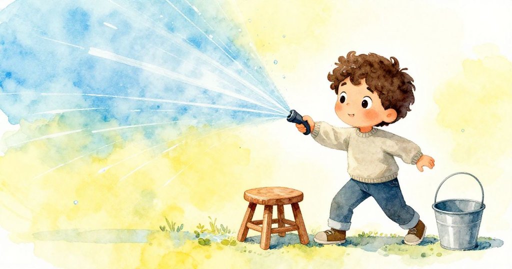 突如其來的噴水頭旋轉出水，水花濺在Theo的畫作上，他驚慌跳起，凳子搖晃，水桶翻轉接住灑落水滴，現場動感十足。